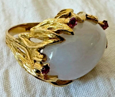 Anillo Estate Oro Amarillo 14K JADEÍTA Pálido Jade y Piedras Preciosas Rosa Foto 1 de 4