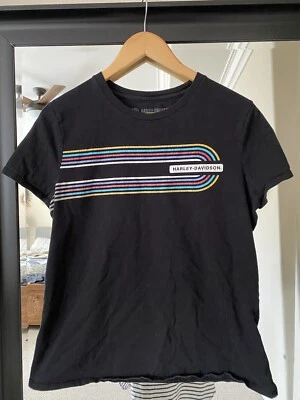 Harley Davidson Women’s Short Sleeve Black Graphic Tee Size L 70’s Print Color Foto 1 de 4