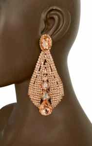 4.75" Long Statement Evening Earring Peach Rhinestones, Pageant, Costume Jewelry - Picture 1 of 3