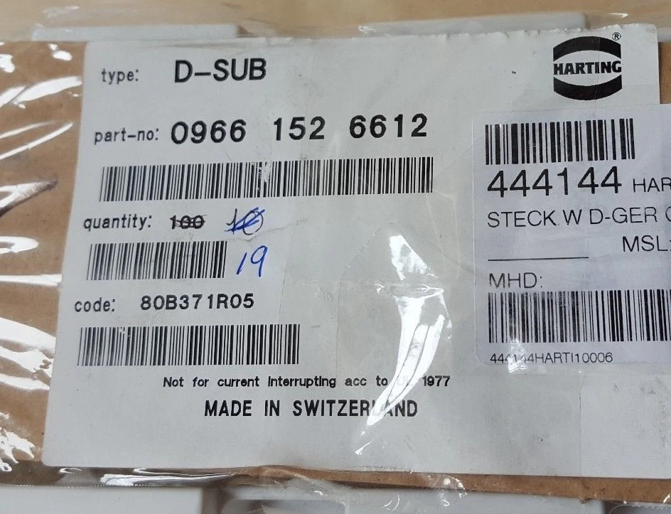 19 PCS OF HARTING 09661526612 D-SUB 9P FEMALE  CONNECTOR (U3.6B2) - Image 1 of 2