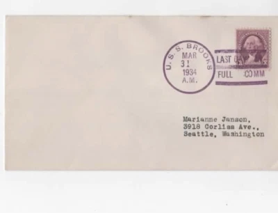 USS Brooks 1934 Last Day in Full Com purple ship cancel DC Bartley cover - Image 1 of 2