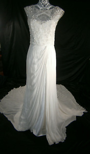 Karen Willis Holmes Silk 8 Wedding Dress Ivory Gown Train Column Pleats $3450
