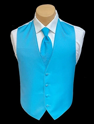 Men's Malibu Blue Tuxedo Vest with Tie Aqua Groom Prom Wedding Party Cruise - Image 1 of 3