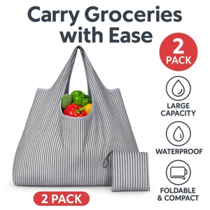 Reusable Grocery Bags 2 Pack Foldable Shopping Tote Waterproof Nylon Large Eco - Picture 1 of 6