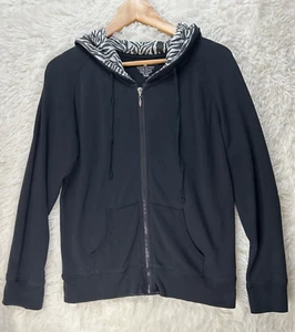 Bamboo Traders Size L Solid Black Zip Front Zebra Print Hoodie Long Sleeve - Picture 1 of 5