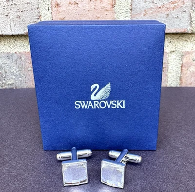 Swarovski Clear Crystal Silver Tone Square Cufflinks Swan Signed w/ Gift Box - Image 1 of 4