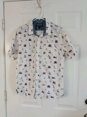 AMERICAN RAG Mens Hawaiian Button Up Shirt SS Size Large Palm Volcano - Image 1 of 4