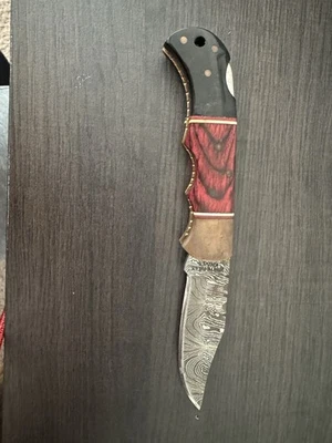 Damascus Pocket Knife With Leather Case Cool Inlays And Intricate Handle - Image 1 of 4