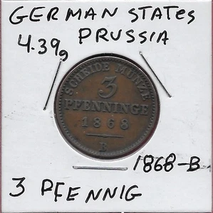 GERMAN STATES PRUSSIA 3 PFENNIG 1868-B CENTRAL DESIGN OF CROWN ABOVE A SQUARE SH - Picture 1 of 2