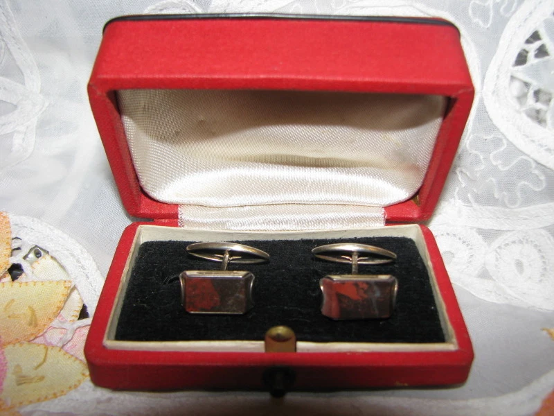 Russian Faceted Genuine Ural Orsk Jasper Gold Plated 875 Silver Cufflinks - Image 1 of 1