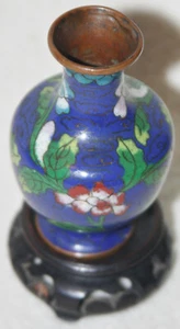 Chinese 1900-1910s Cloisonné Blue Ground Floral Design Miniature Vase w/Stand - Picture 1 of 7
