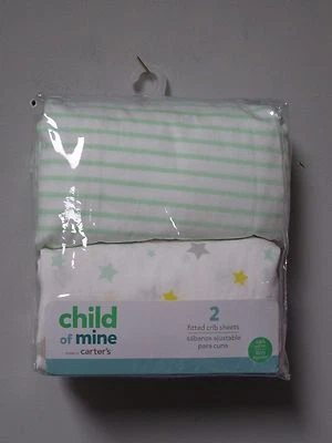 Carter's Child Of Mine простыни на резинке для кроватки упаковка 2 шт. зеленые полоски/звезды ДЕТСКИЙ ДУШ - Изображение 1 из 2