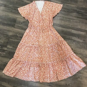 Orange Floral Fit And Flare V-neck Cap Sleeve Dress Cinch Waist Sz Medium - Picture 1 of 10