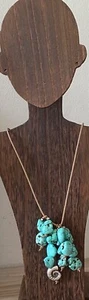 Statement Lucky Brand Necklace Faux Turquoise Chunks Silver Shell Tan Rope 20”L - Picture 1 of 13