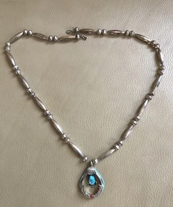 Native Am Sterling Silver Necklace w/ Turquoise & Red Coral Robbins Egg Pendant - Picture 1 of 4