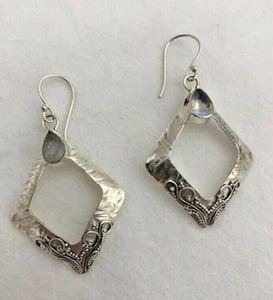 Sterling Silver .925 Pear Shape Rainbow Moonstone 1 1/4" x 2" Earrings - Picture 1 of 12
