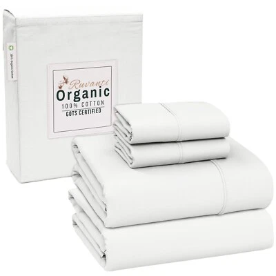 4 Piece 100% Organic Cotton Bed Sheet Set Deep Pocket 200 Thread Count Cozy Soft - Image 1 of 2