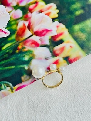 Anillo redondo grande pequeño perlas blancas eternidad encanto cóctel dorado mujer su regalo Foto 1 de 4