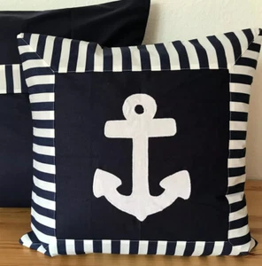 1 Maritime Kissenhülle, Landhausstil Kissenbezug dunkelblau/weiß 40x40cm - Bild 1 von 6