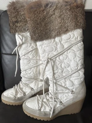 Coach Sofie Brown Fur White Wedge Heel Lace Up Boots Size 9.5 B Made in Italy - Image 1 of 4