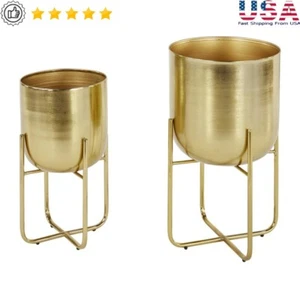 Gold Metal Planter Set 2 Pcs Decorative Indoor Outdoor Iron Flower Pots Gold New - Picture 1 of 11