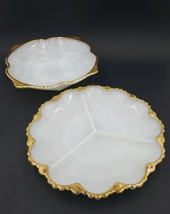2 Vintage Fire King Milk Glass Divided Tray Trays with Gold Trim TWO FOR ONE! - Picture 1 of 4