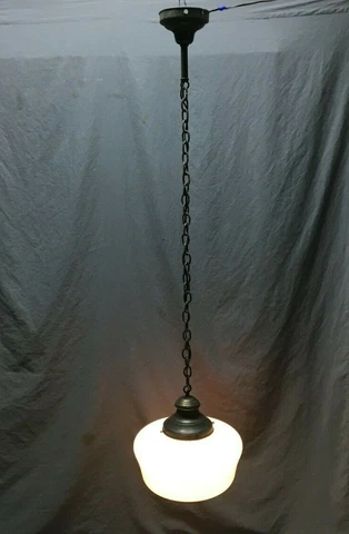 Antique Metal Schoolhouse Bank Ceiling Light Milk Glass Globe VTG Brass 1651-21B Cover