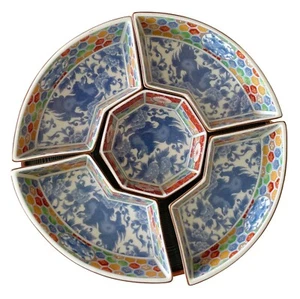 Chinese Dragon Lazy Suzan serving Party tray Porcelain Blue White Hostess Gift - Picture 1 of 4