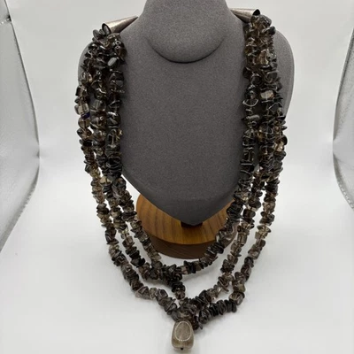 Navajo Vintage Sterling Silver Smoky Quartz Chip Bead Triple Strand Necklace - Image 1 of 4