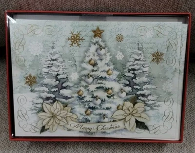 set 15 Punch Studio WOODLAND TREES CHRISTMAS CARDS gold white poinsettia NEW - Image 1 of 3