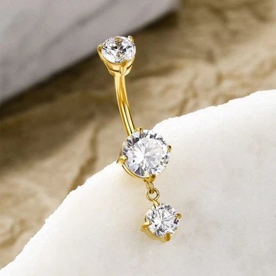Anillos ombligo colgantes oro macizo real 14K circón 14G anillo ombligo joyería fina Foto 1 de 4