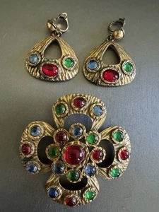 Vintage Corocraft Gripoix Cabochons Jewels Of India Buckel Brosche Anstecknadel & Ohrringe - Bild 1 von 11