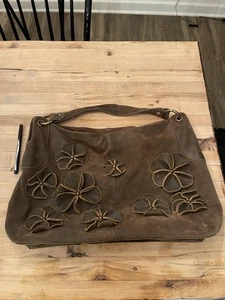 Anthropologie Lucky Penny Schultertasche abgenutzt braun Wildleder groß Blumen - Bild 1 von 6