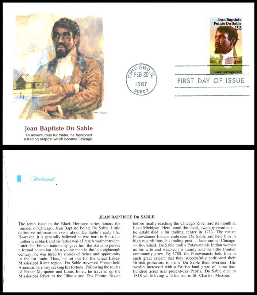 1987 Jean Baptiste Sc 2249 FDC Fleetwood Black Heritage Chicago founder Illinois - Image 1 of 1