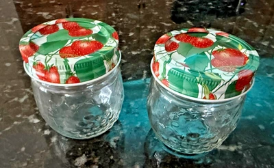 Small Strawberry Lidded Jelly 3.5" Jars Embossed Glass Set of 2 - Image 1 of 4