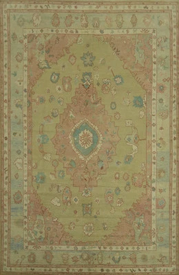 Transitional Oushak Turkish Large Rug 10x14 Hand-Knotted Green Wool Carpet - Image 1 of 4