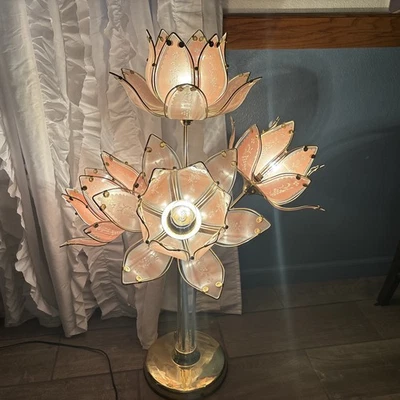 Lg Vintage 4 Lotus rosa Blume Tulpe Messing Lampe Hollywood Regency Art Deco 3-fach - Bild 1 von 4