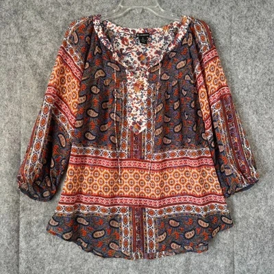 Womens Top 1X Boho Floral Hippie Peasant Retro Lace Up Sheer Bloomcore Fairy - Image 1 of 4