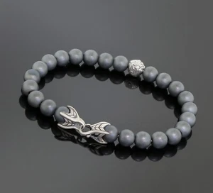 David Yurman 8mm Hematite Silver Waves Accent Spiritual Beads Mens Bracelet 8" - Picture 1 of 4