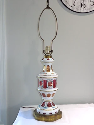 1940s Bohemian Glass White Cut to Cranberry Overlay Large Table Lamp (B) - Image 1 of 4