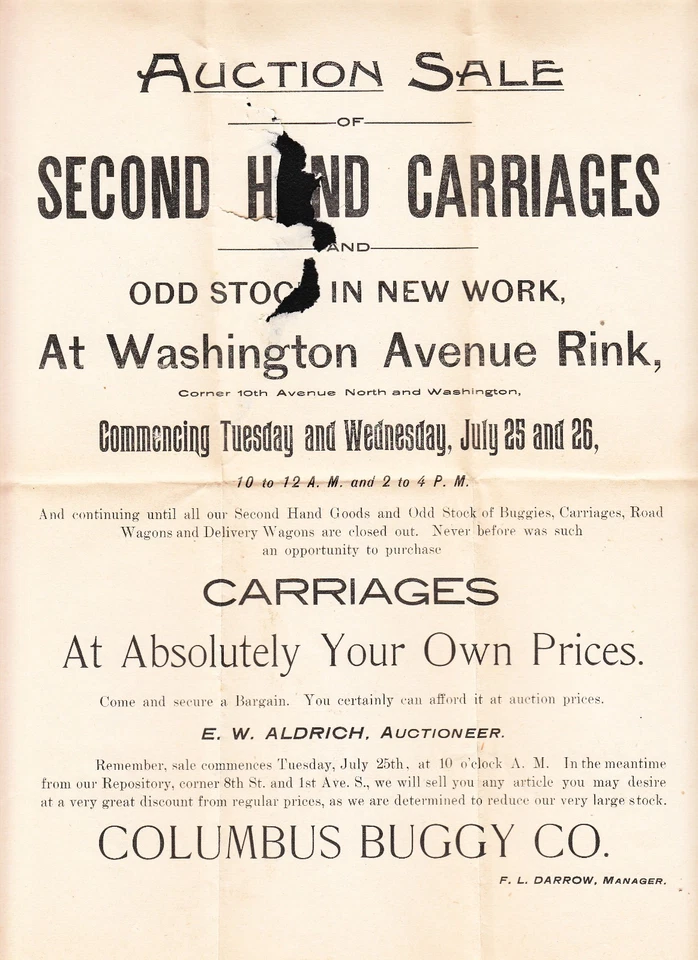 Columbus Buggy Co Minneapolis PSE Cover & Auction Notice Circa 1895 z66 - Image 1 of 1