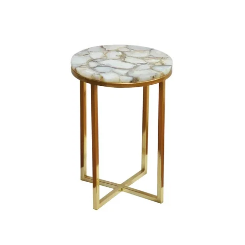 Kravet Salida Round End Table With Natural White Agate Tabletop Cover