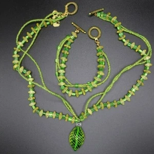 Vintage drei Strang Halskette Armband Set mundgeblasen Glas Anhänger Perlen goldfarben - Bild 1 von 6