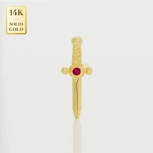 14K REAL Solid Gold Dagger with Ruby Cartilage Stud Earring Piercing 18 Gauge - Picture 1 of 15