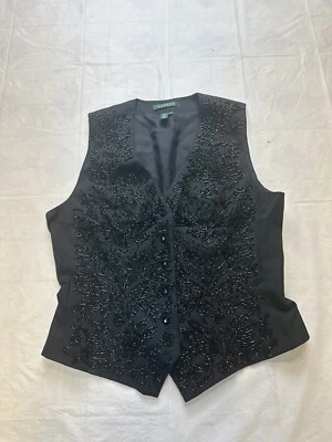 RALPH LAUREN Woman 100% Cotton Vest Floral Beaded Black Sz 8 Foto 1 de 4