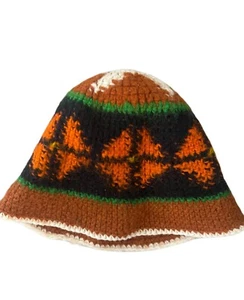 Vintage 70s Hand knit Wool Bucket Hat Afghan Multicolor Festival Unisex Madrid - Picture 1 of 7