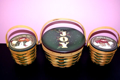 Set of 3 Mini wicker baskets Christmas Decor - Joy Snowmen Wood Top Painted Cover