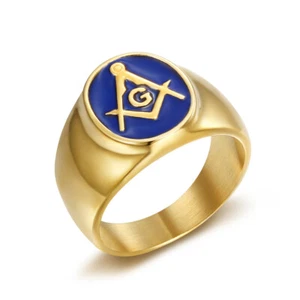Vintage Blue Enamel Freemason AG Ring Stainless Steel Gold Plated Masonic Ring - Picture 1 of 2
