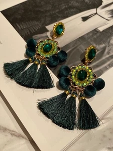 Latoir Instagram Green Gold Drop Tassel Fringe Pom Pom Beaded Statement Earrings - Picture 1 of 3