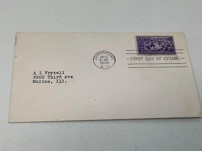 Estampilla del Centenario de Béisbol 1939 portada del primer día de Estados Unidos #855 publicada en Cooperstown, Nueva York Foto 1 de 4